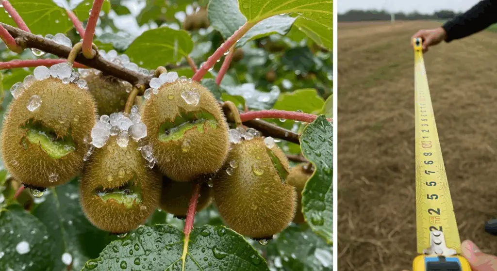 A split screen showing hail-damaged kiwifruit and a photo of an incorrect measurement of the hail net's width before stretching.