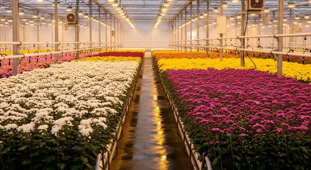 The interior of a modern greenhouse in Almaty, Kazakhstan, with rows of chrysanthemums, highlighting the client's professional operation.