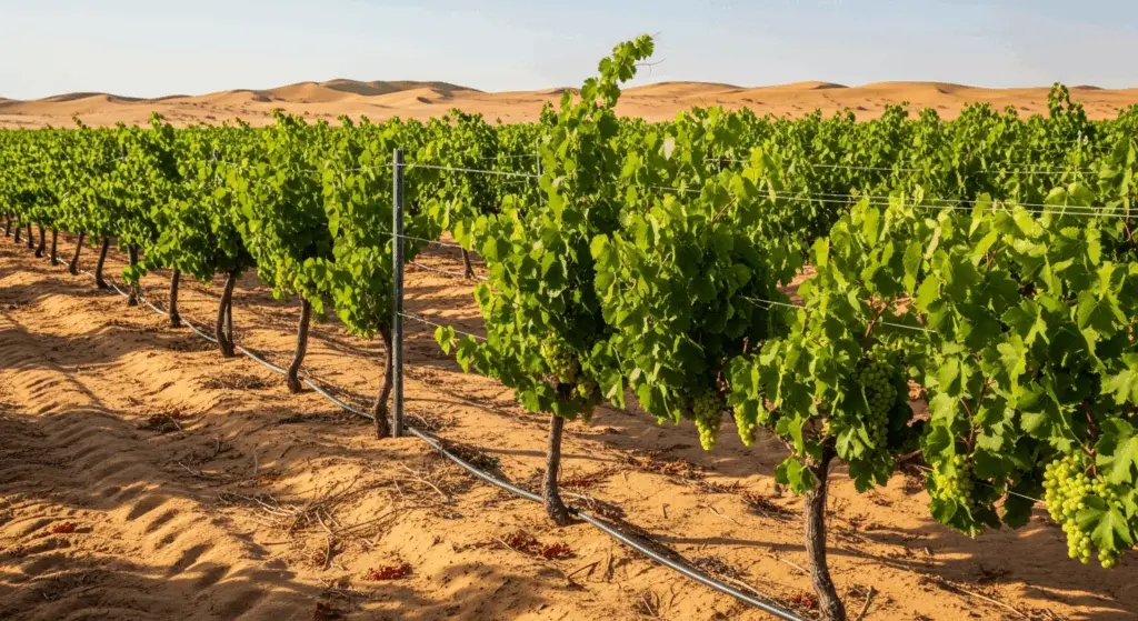 A vineyard thriving in the arid climate of the UAE, showcasing the ambition of the large-scale grape cultivation project.