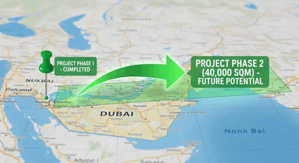 A map of the UAE showing the completed Phase 1 project and highlighting the much larger potential of the Phase 2 project.