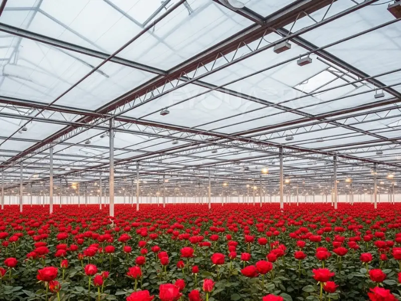 The interior of a high-end flower greenhouse with EyouAgro's Aluminet screen installed, creating diffused light.