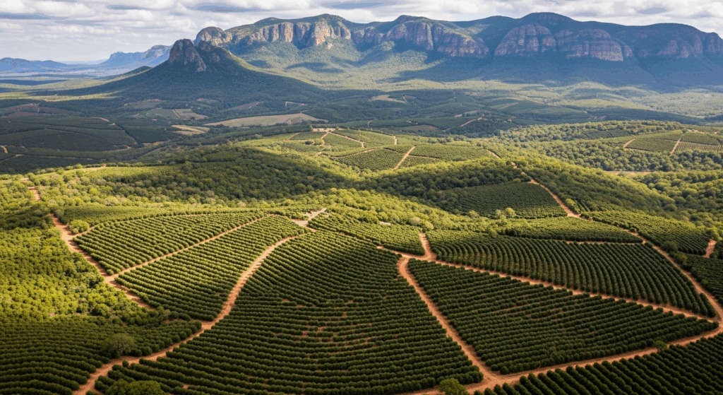 An aerial view of a massive avocado orchard in Limpopo, South Africa, highlighting the scale of the Limpopo Valley Growers farming operation.