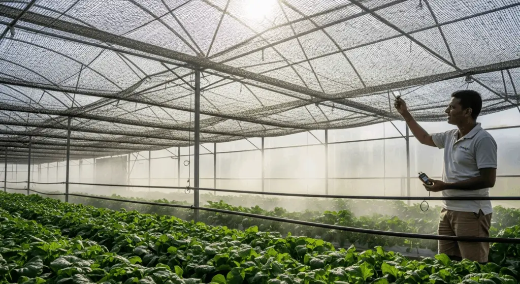 EyouAgro's Aluminet 55% shade screen successfully installed in the client's greenhouse in Sri Lanka, creating optimal growing conditions.