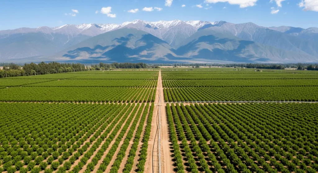 An aerial view of a large-scale cherry orchard in Chile's Central Valley, with the Andes mountains in the background.