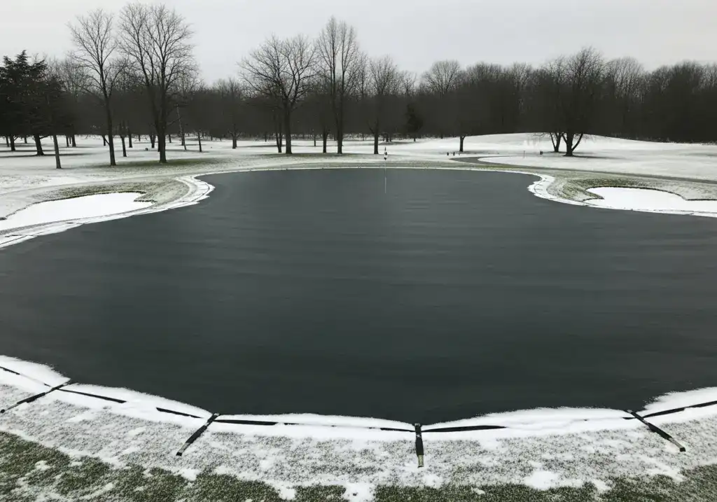 green golfového hřiště v zimě, plně chráněný černým trávníkem eyouagro proti mrazu a sněhu 2