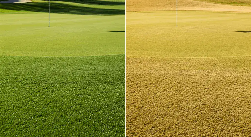 an early spring comparison showing a vibrant, green turf protected by our cover, next to unprotected dormant grass 2