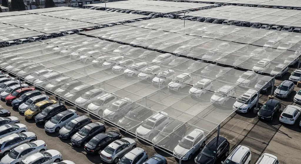 commercial car lot covered with hail net
