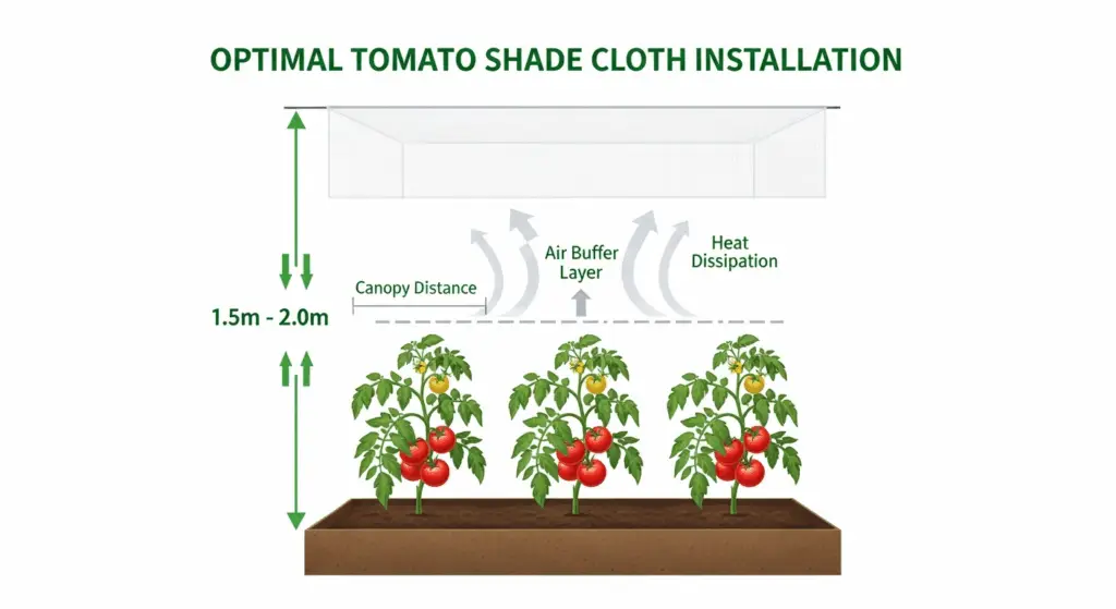 Altura óptima de instalación de la malla de sombra sobre el dosel del tomate (1.5–2.0 m)