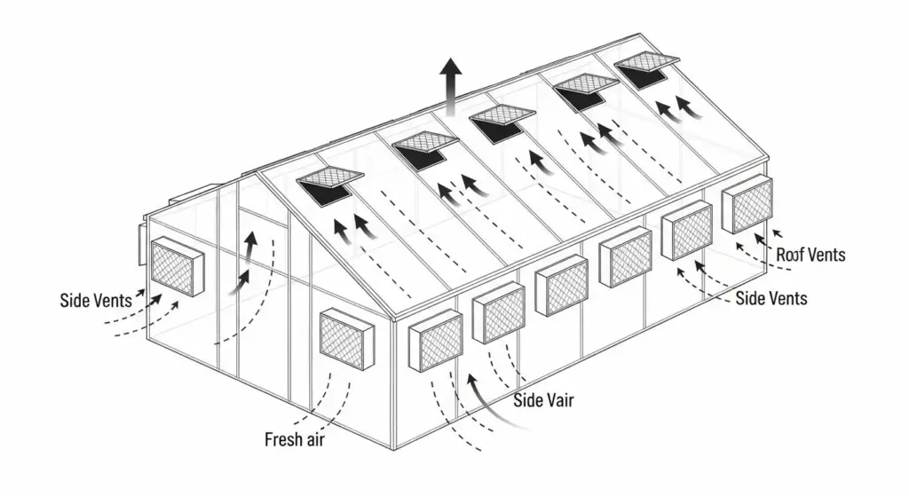 progettazione delle aperture di ventilazione della serra (finestre sul tetto: finestre laterali)
