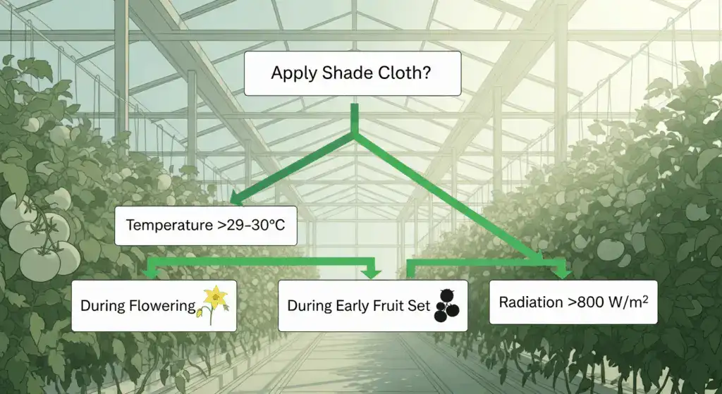 Decision tree showing when to install shade cloth based on temperature and growth stage