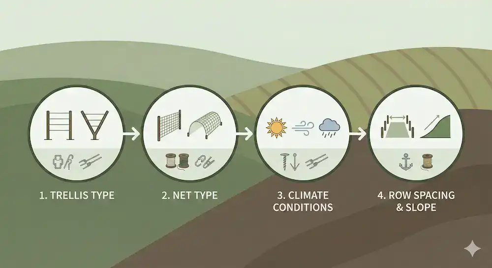 Quadro decisionale in 4 fasi per la scelta degli accessori per l'installazione delle reti da vigneto.
