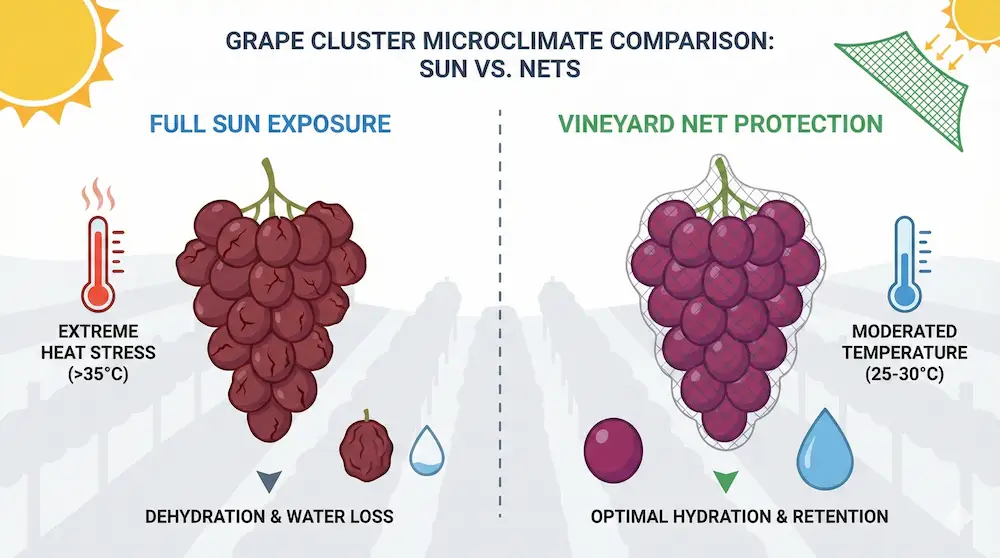 Differenza di temperatura tra l'uva esposta al sole e l'uva protetta dalle reti da vigneto.