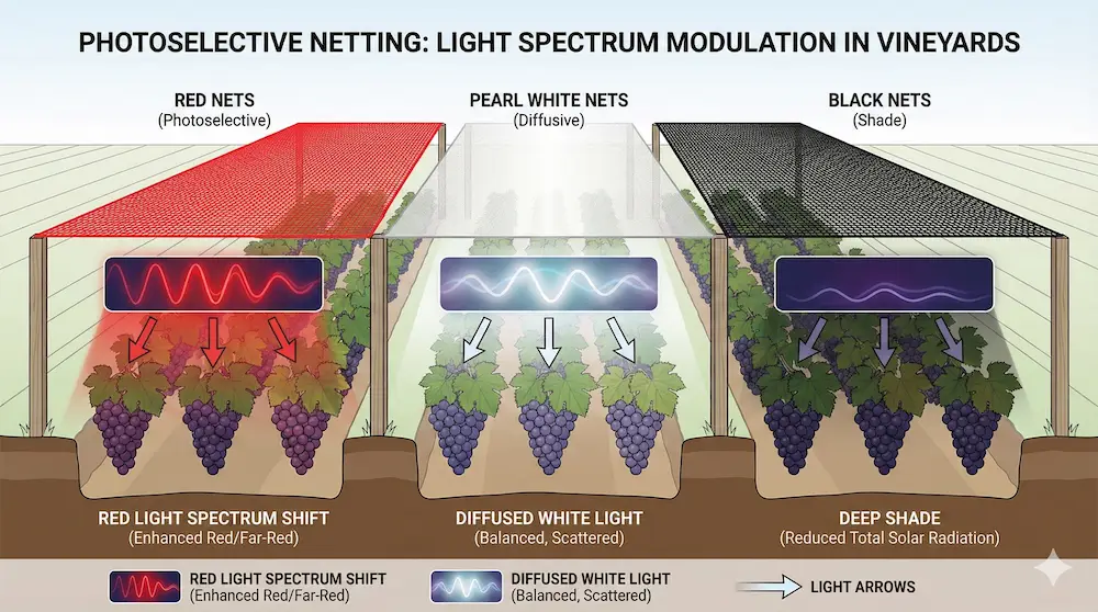 Confronto tra reti da vigneto rosse, perla e nere e i loro effetti sull'ambiente luminoso dell'uva.