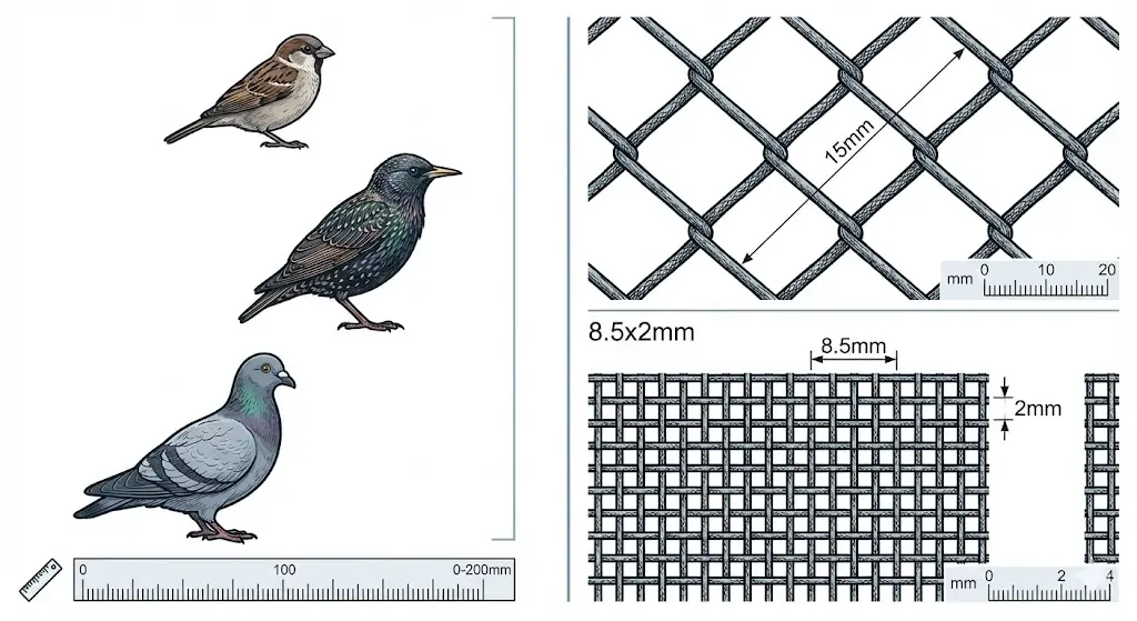 dimensione dell'uccello vs dimensione della maglia della rete da vigneto