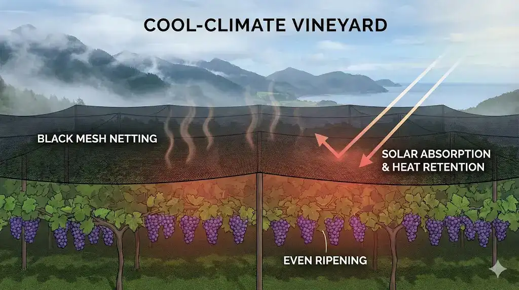 La red para viñedos negros aumenta la retención de calor en climas fríos