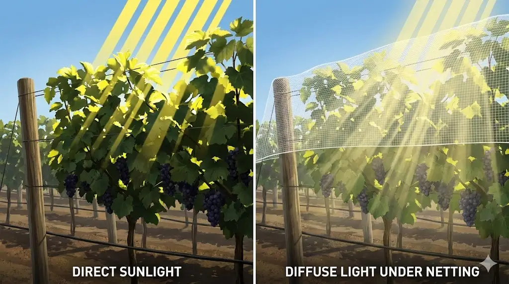 Illustrazione che confronta la luce solare diretta con la luce diffusa sotto la rete del vigneto per l'equilibrio della maturazione