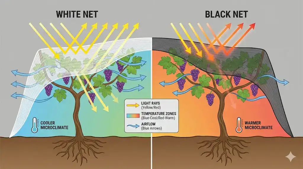 El impacto del color neto del viñedo en el microclima y la temperatura del dosel