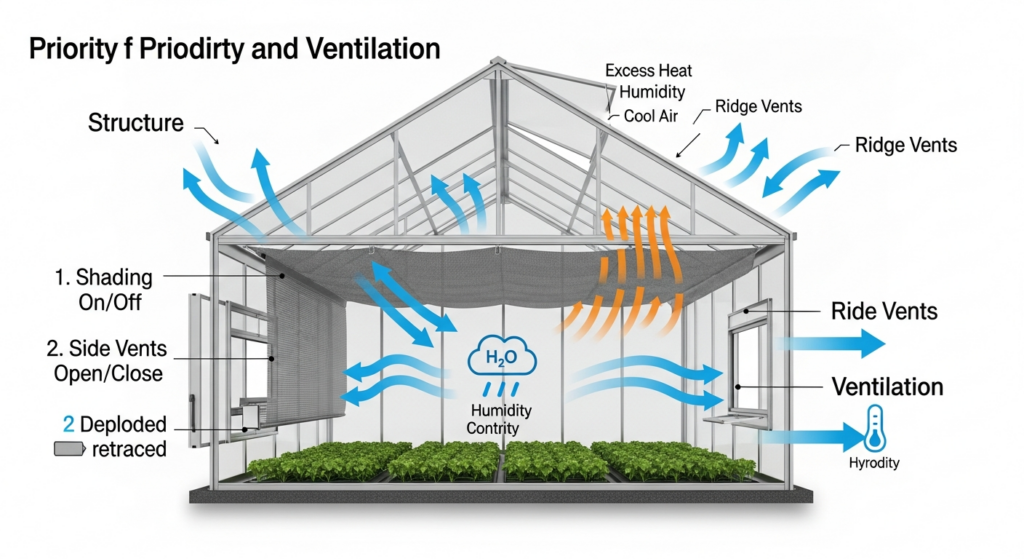 Essential ventilation design for greenhouse tomato shading