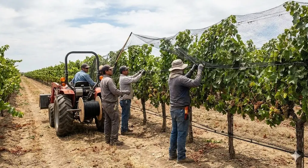 lavoro di installazione di reti anti-uccelli per vigneti