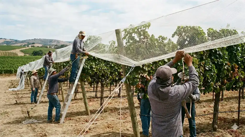 Observation sur le terrain des ajustements apportés à l'installation des filets de vigne pour améliorer la ventilation