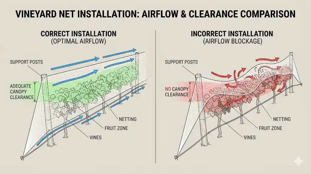 Une installation correcte des filets de vigne permet la circulation de l'air, tandis qu'une installation incorrecte emprisonne l'humidité.