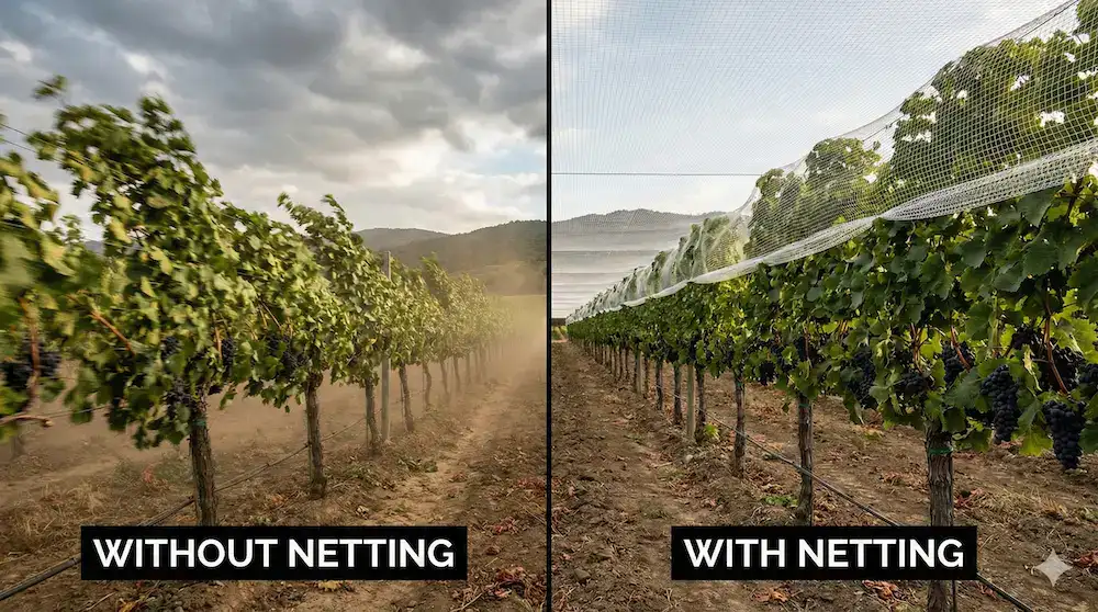 Comparison of grapevine stability with and without vineyard netting under windy conditions