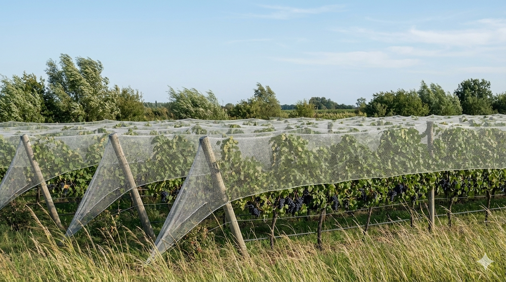 Vineyard nets reducing wind stress and stabilizing grapevines in windy conditions