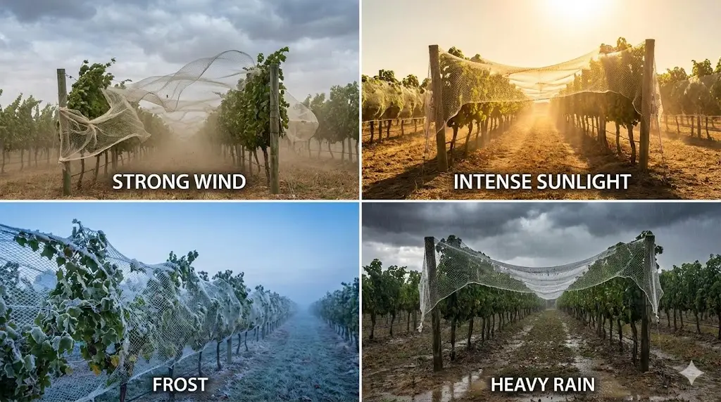 Diversi fattori di stress climatico che influenzano i sistemi di reti per vigneti