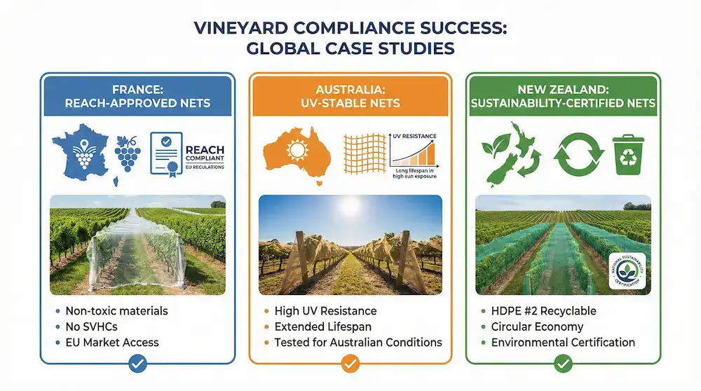 Vineyard net compliance case studies across France, Australia, and New Zealand
