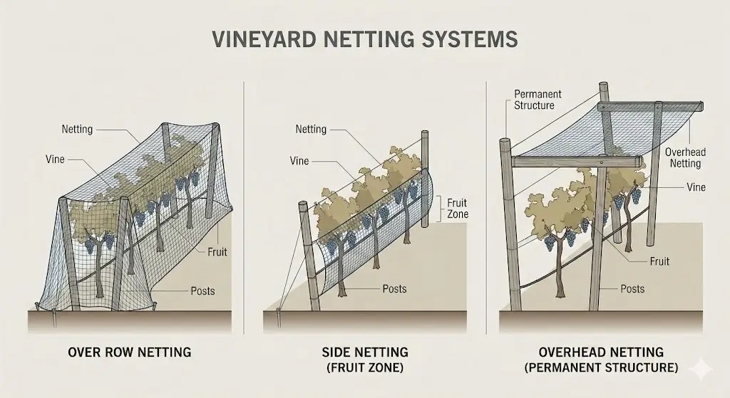 Panoramica dei sistemi di reti per vigneti: sopra la fila, laterali e sopraelevate