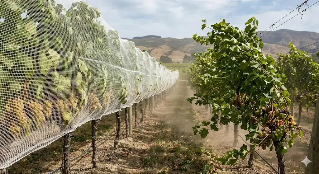 Vineyard netting reducing wind stress on grapevines