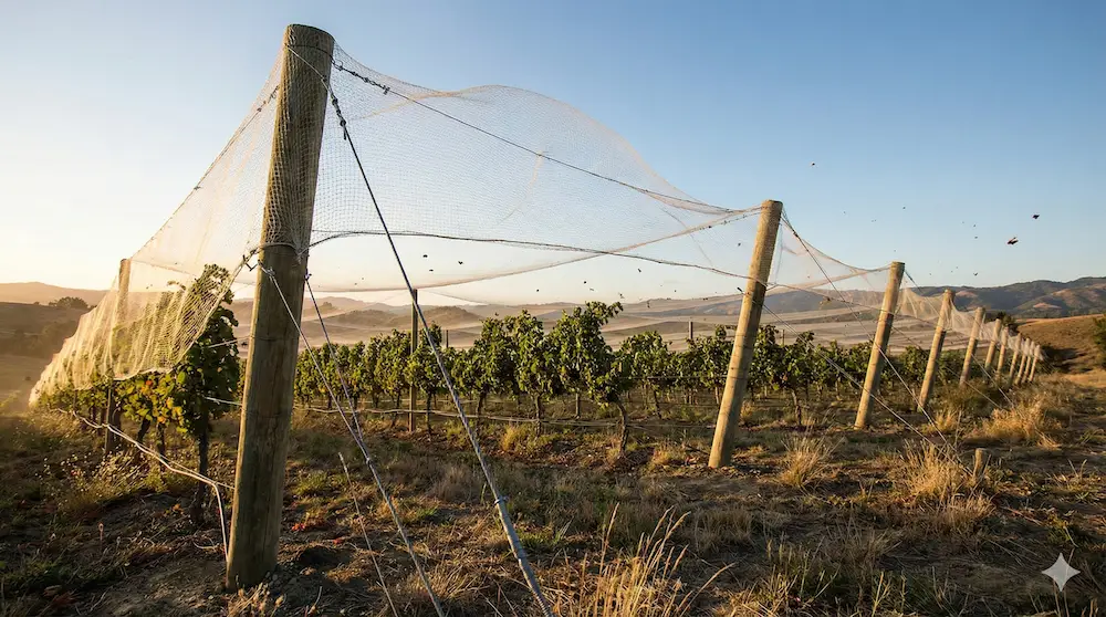 Overhead vineyard netting installed in a windy grape-growing region
