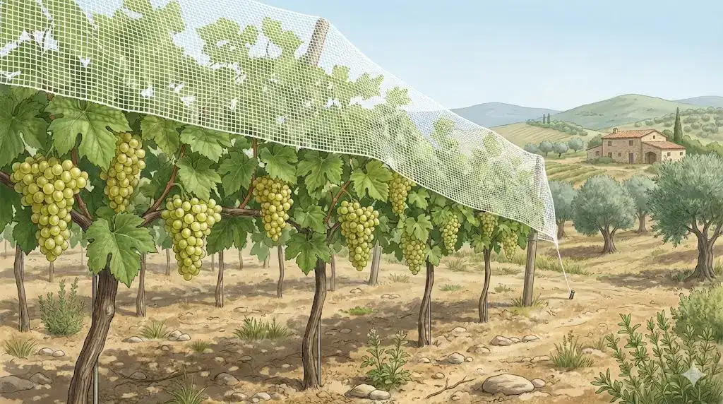 Red de viñedo blanca que difunde la luz solar para reducir el estrés térmico