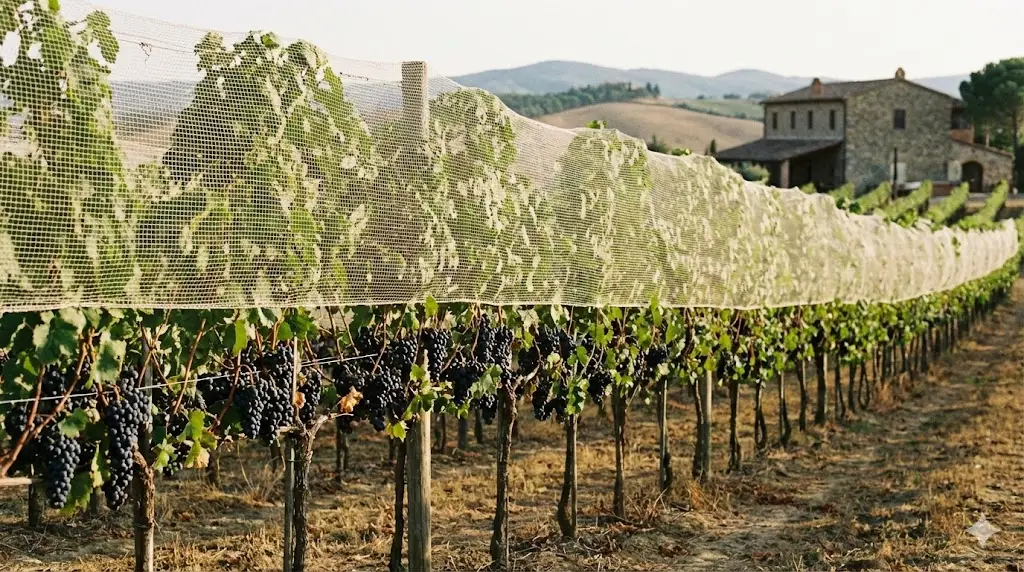 Vigneto di uva da vino che utilizza reti anti-insetti come parte della gestione del rischio di parassiti