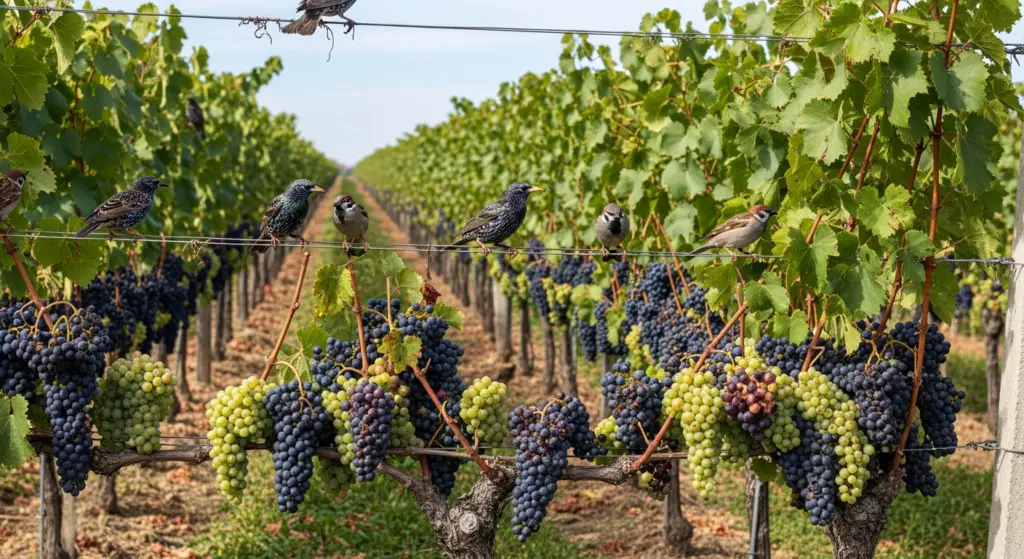 grappoli d'uva esposti agli uccelli