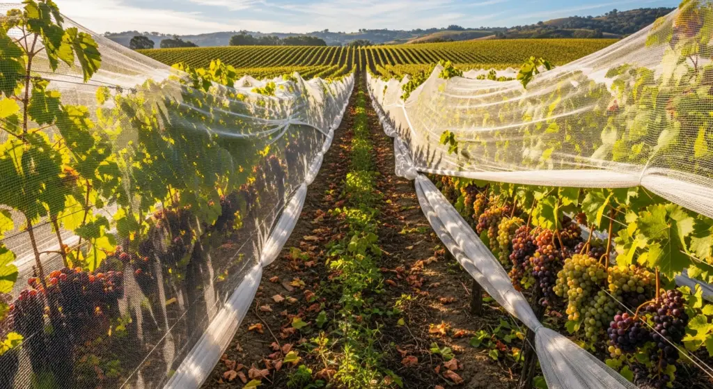 ripe grape clusters protected by bird netting