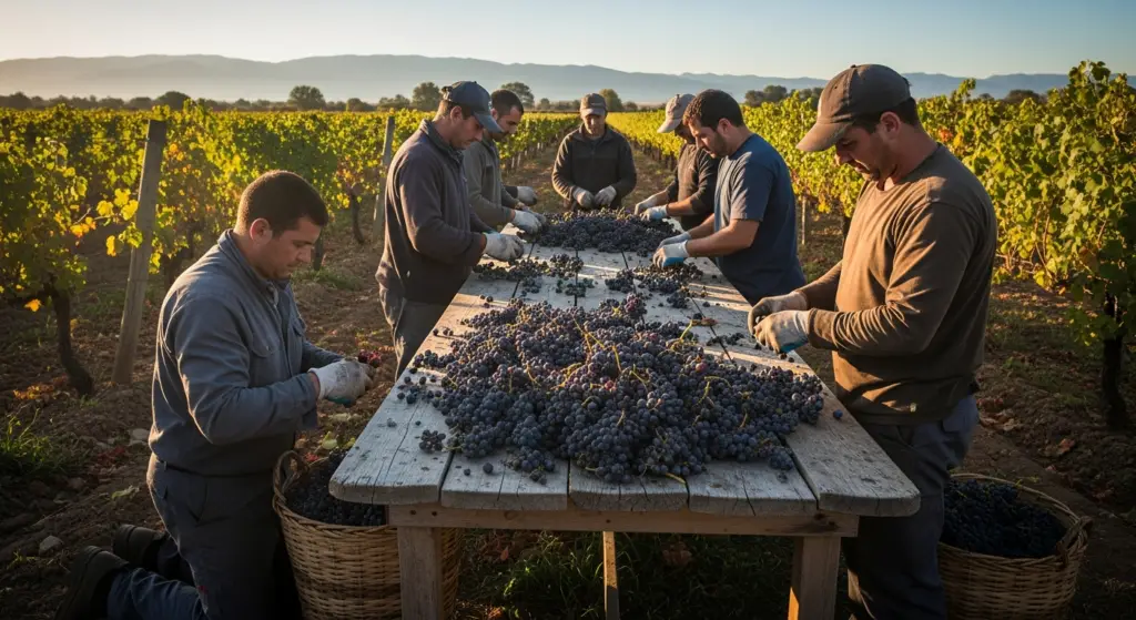 lavoratori che selezionano manualmente i grappoli d'uva danneggiati,
