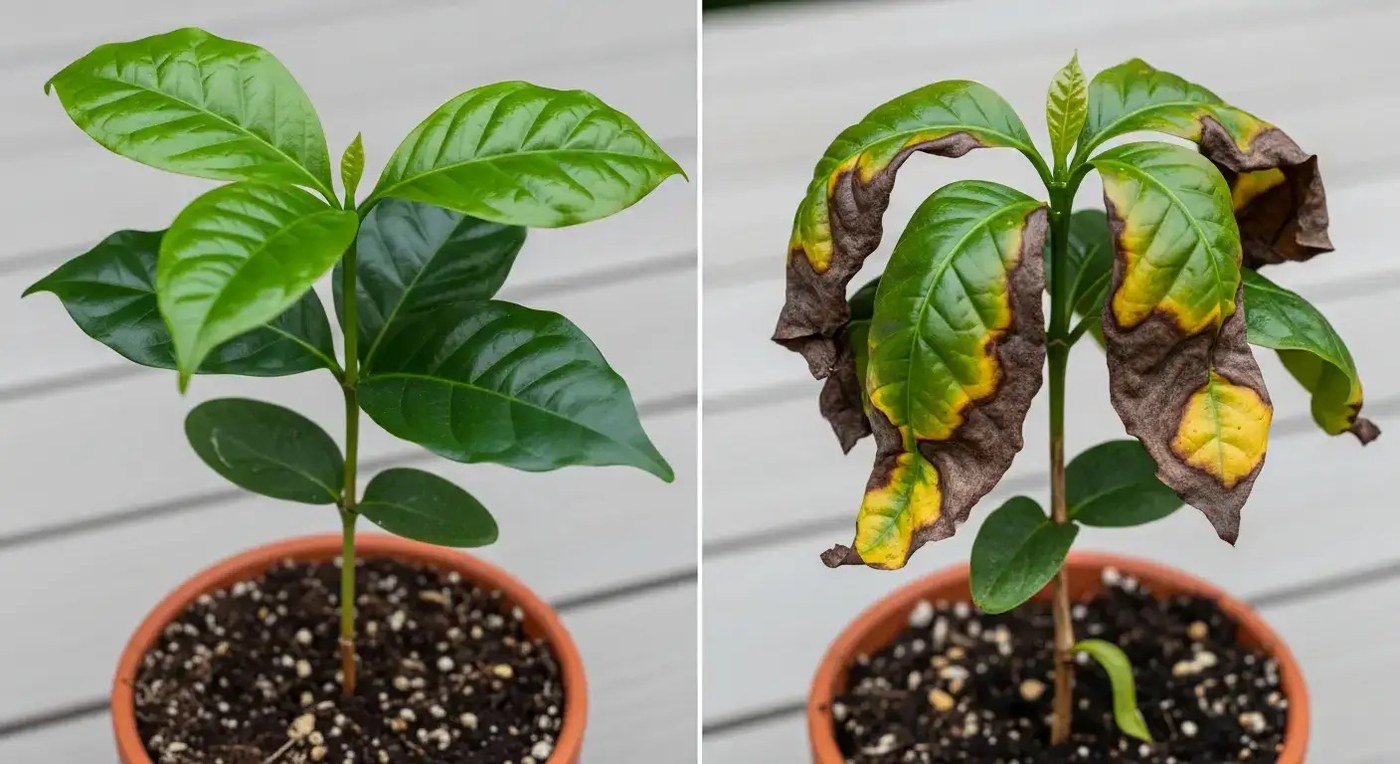 Two coffee seedlings side by side: one grown under shade with deep green leaves, one sun-scorched with yellowing and necrotic leaf margins