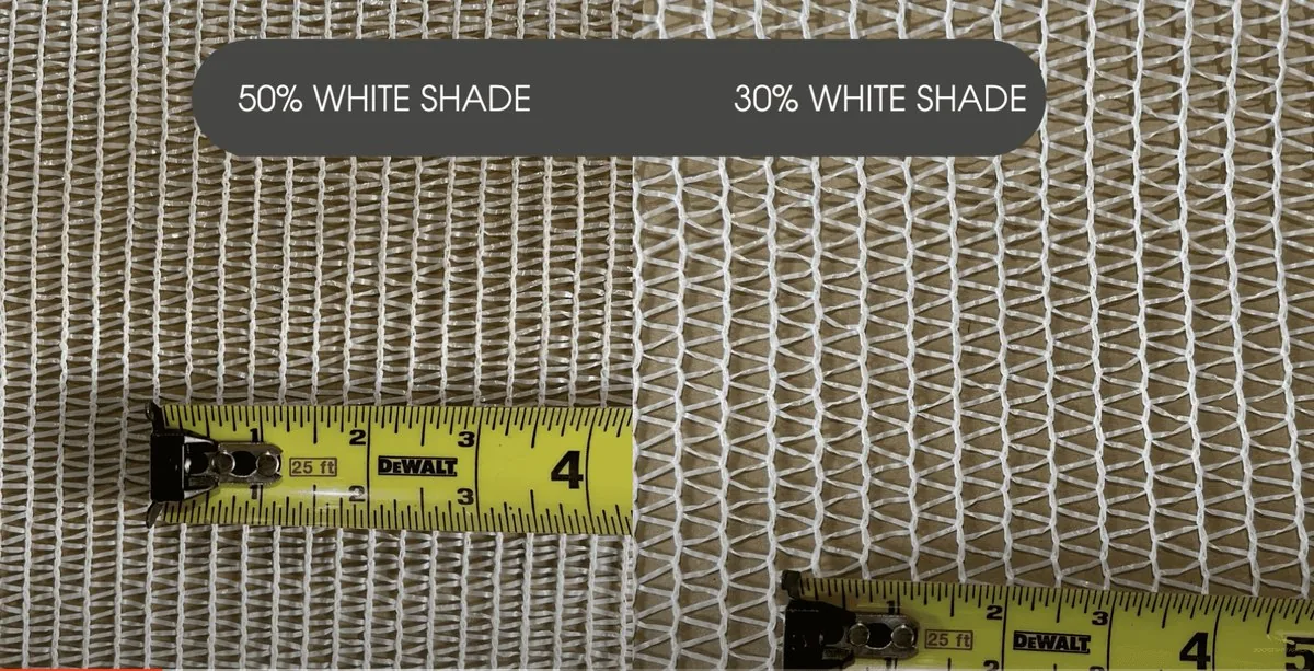 50% and 30% white shade cloth measured side by side with a tape