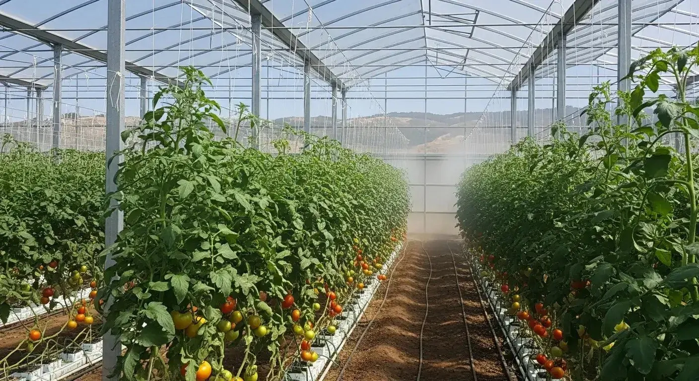 Tomato crop rows inside a ventilated greenhouse with netted side walls