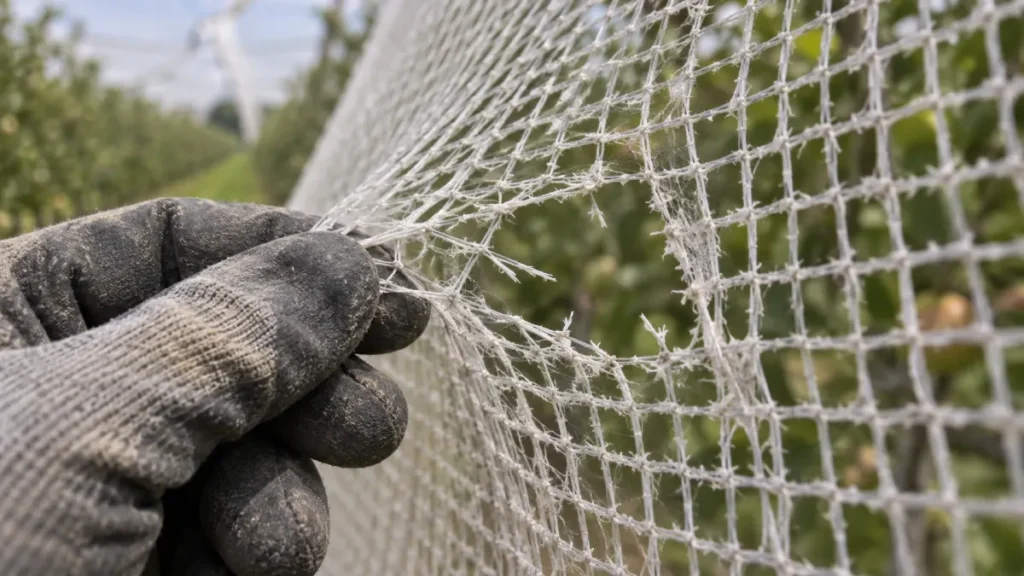 Illustration of a weathered hail net with chalky, broken threads