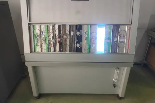UV lamps and net specimens inside our own QUV weathering tester